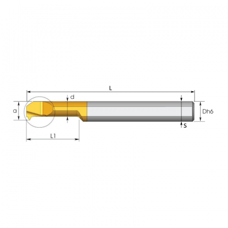 Мини-резец TE-05555015R Dh6=5 метрической обычной резьбы ISO 60°, неполный профиль